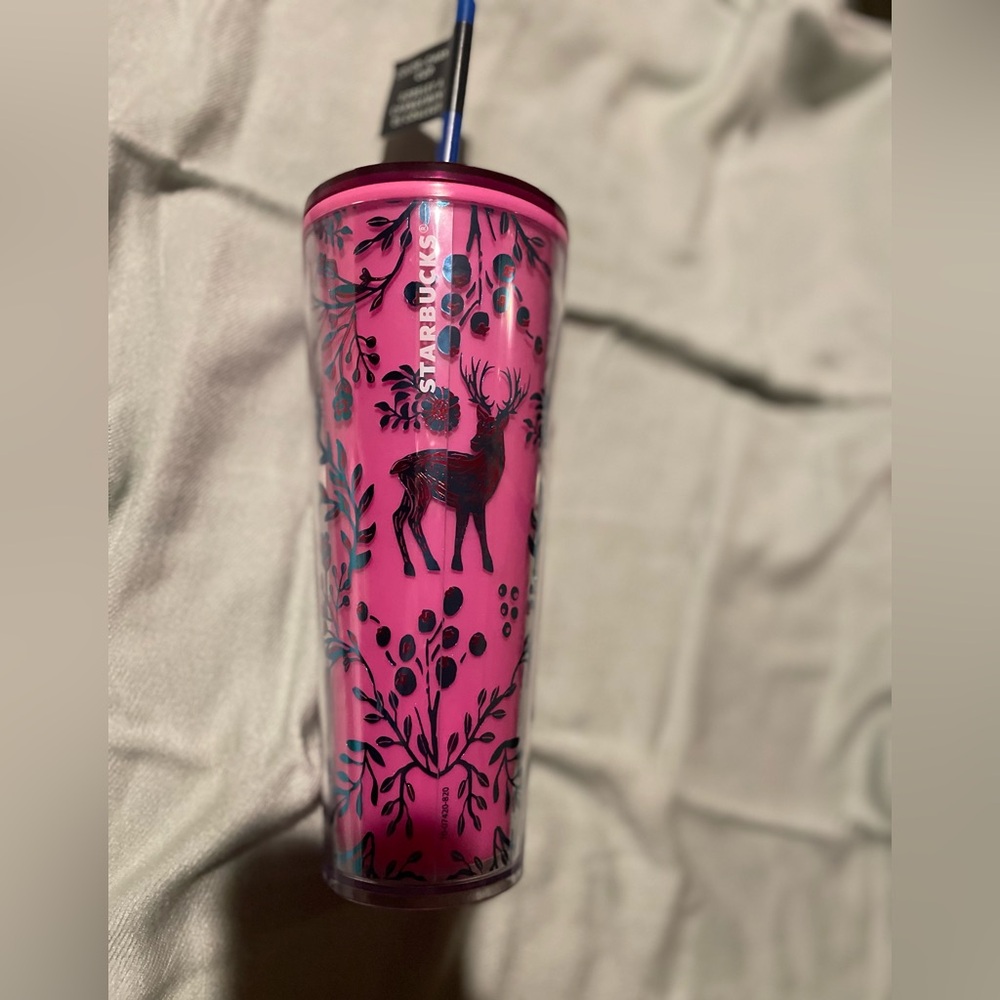 Starbucks Pink and Black Tumbler with Deer Motif